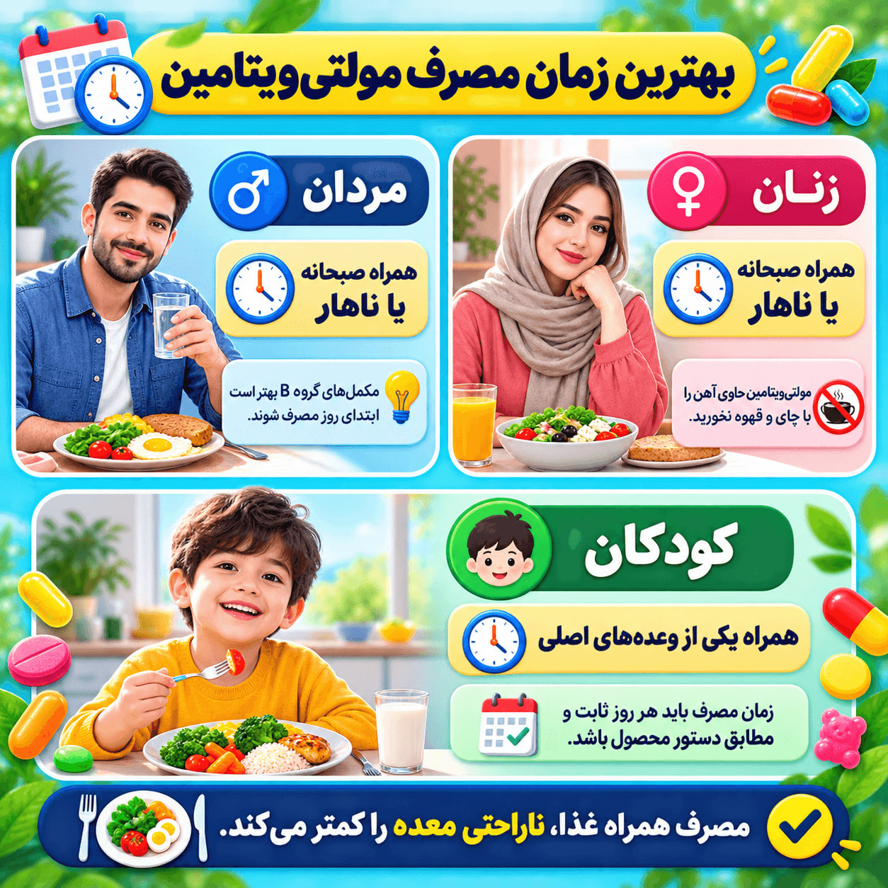 بیحالی تابستانی از کجا میآید؟ ردپای طلایی مولتی ویتامینها در بازگشت انرژی زمان مصرف مولتی ویتامین برای مردان، زنان و کودکان